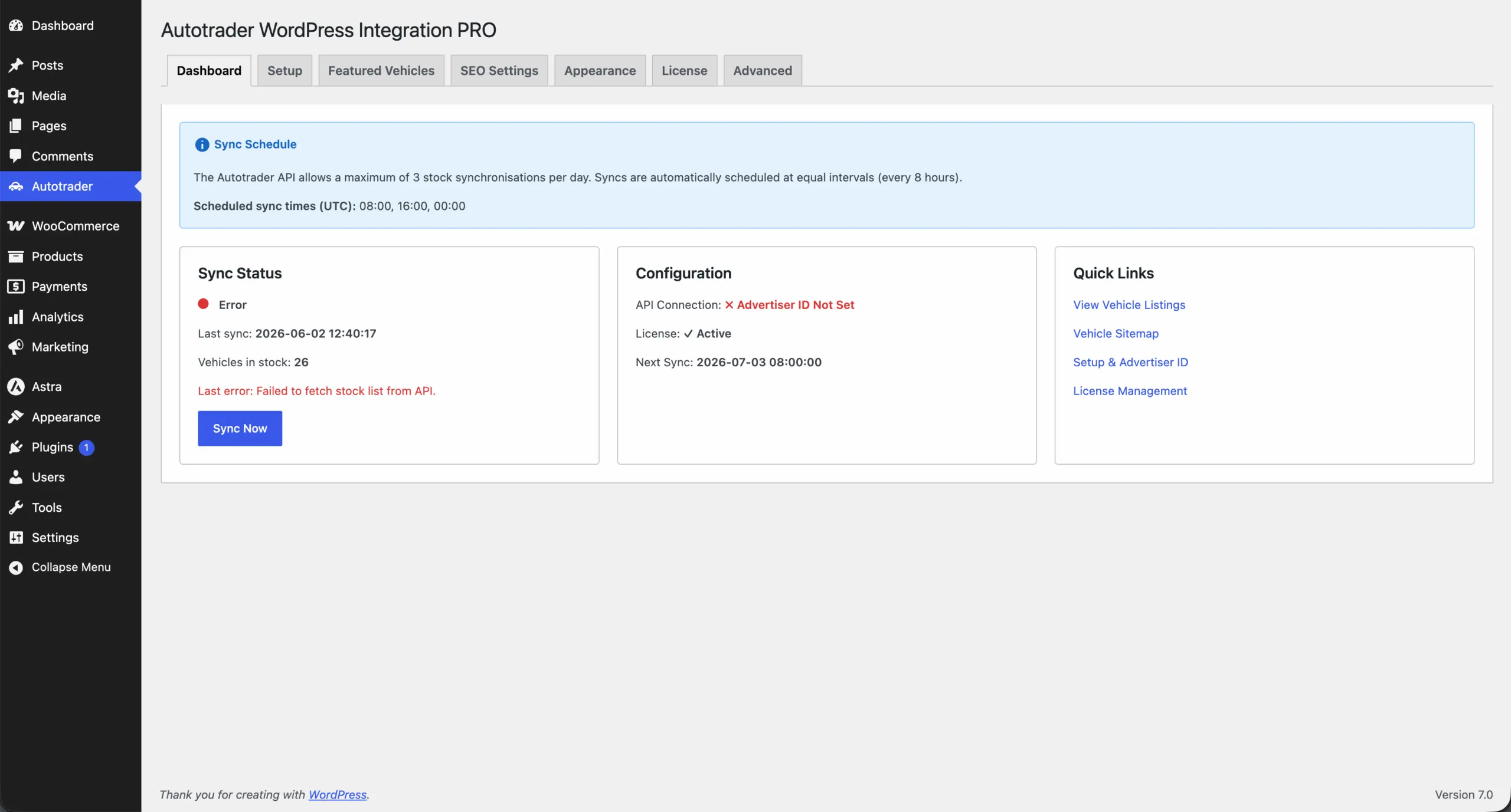 Dashboard tab: sync schedule every 8 hours, sync status, configuration and quick links