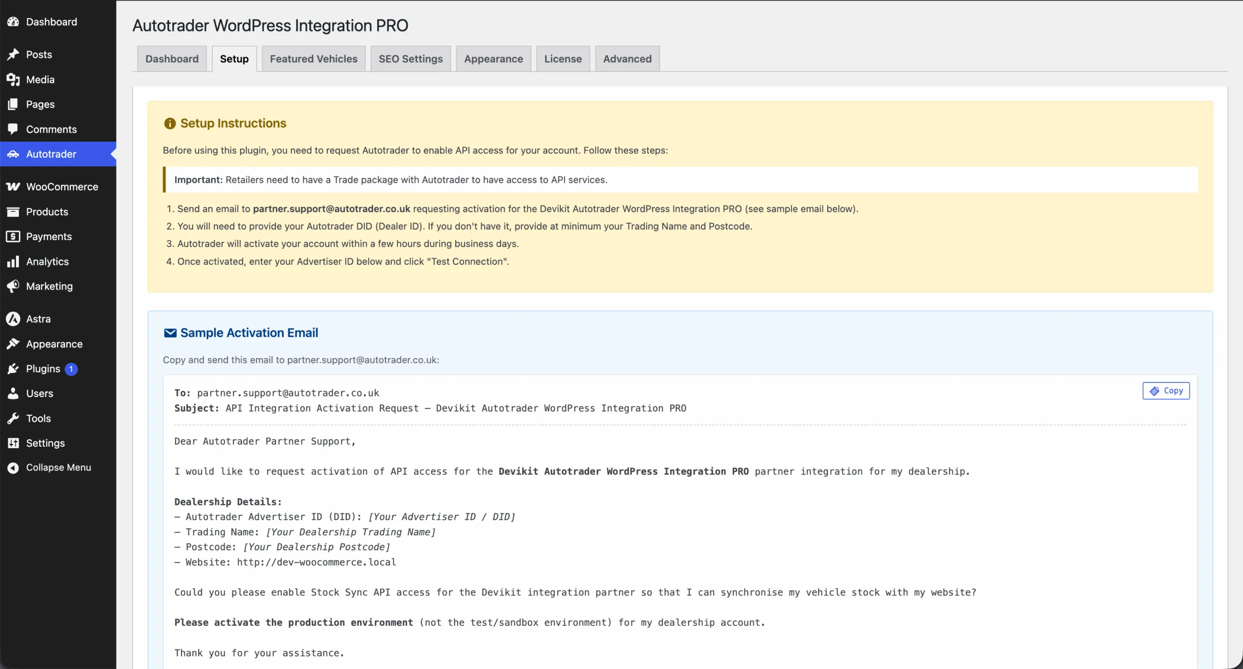 Setup tab: instructions for requesting Autotrader API access and a sample activation email