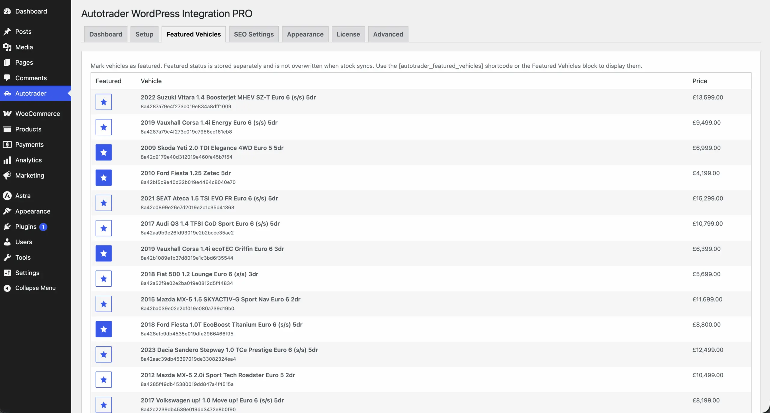 Featured Vehicles tab: a list of stock with star toggles and prices