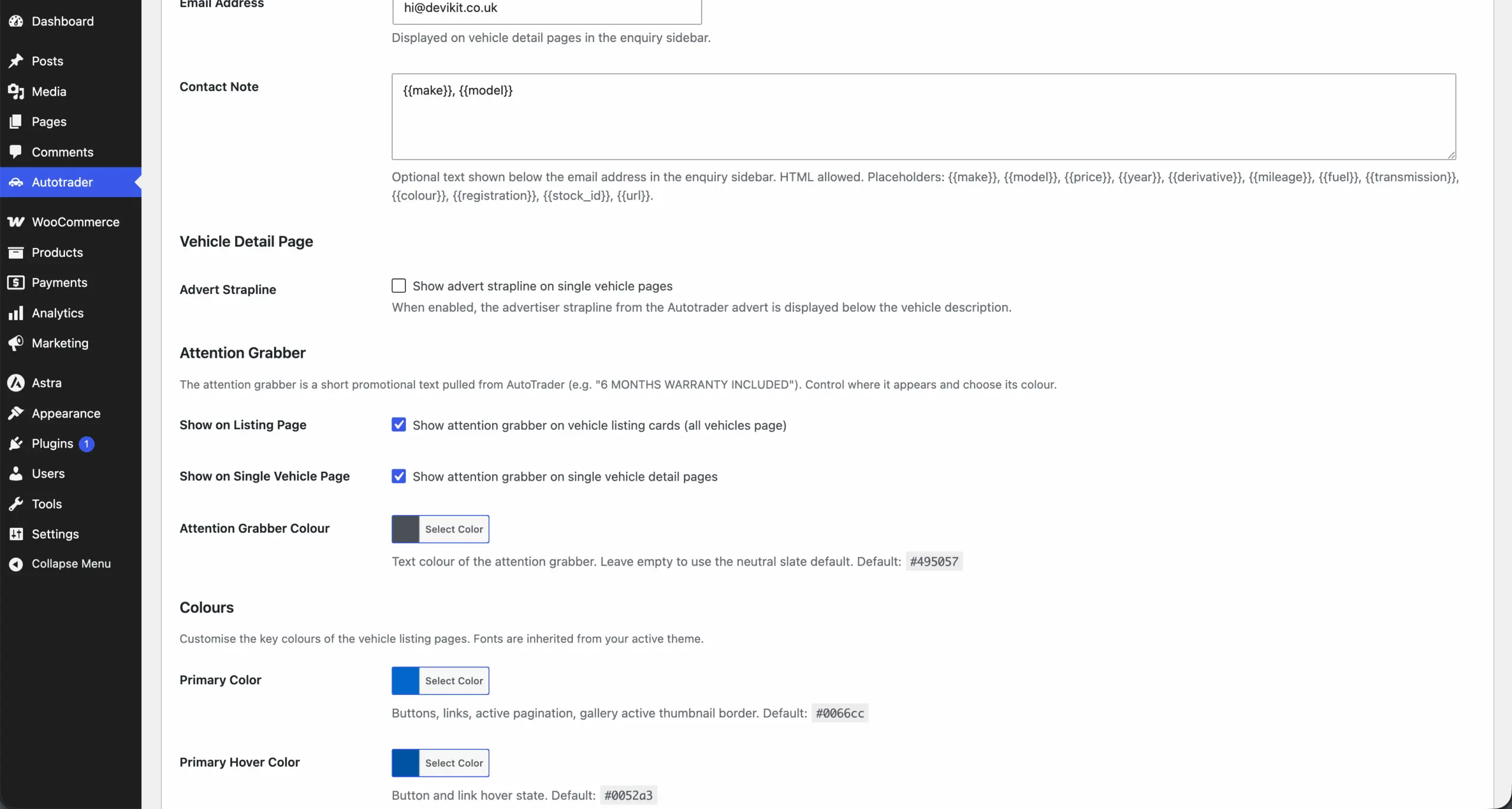 Appearance tab: attention grabber toggles and colour pickers for buttons and prices