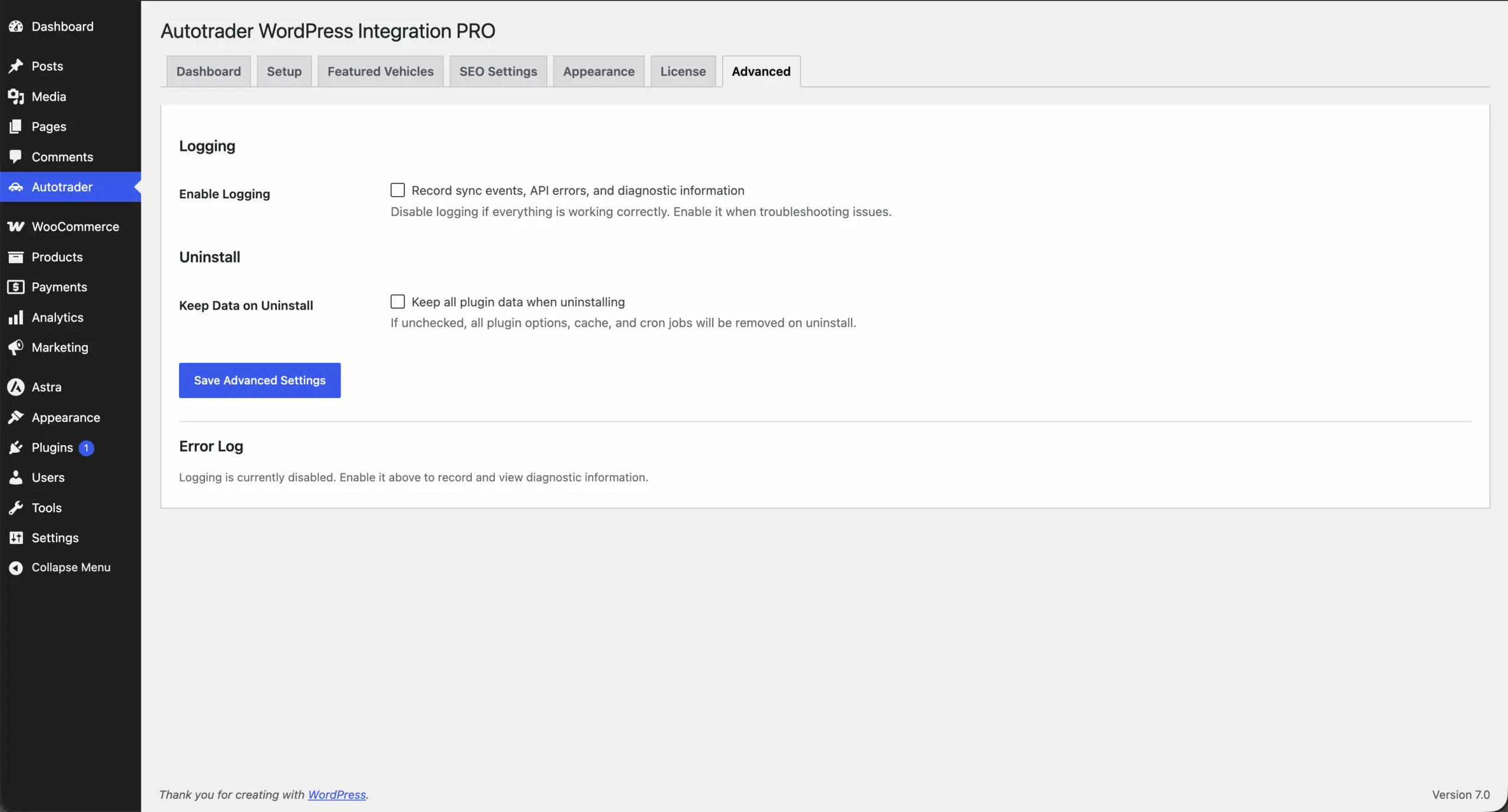 Advanced tab: enable logging and keep data on uninstall, with the error log below